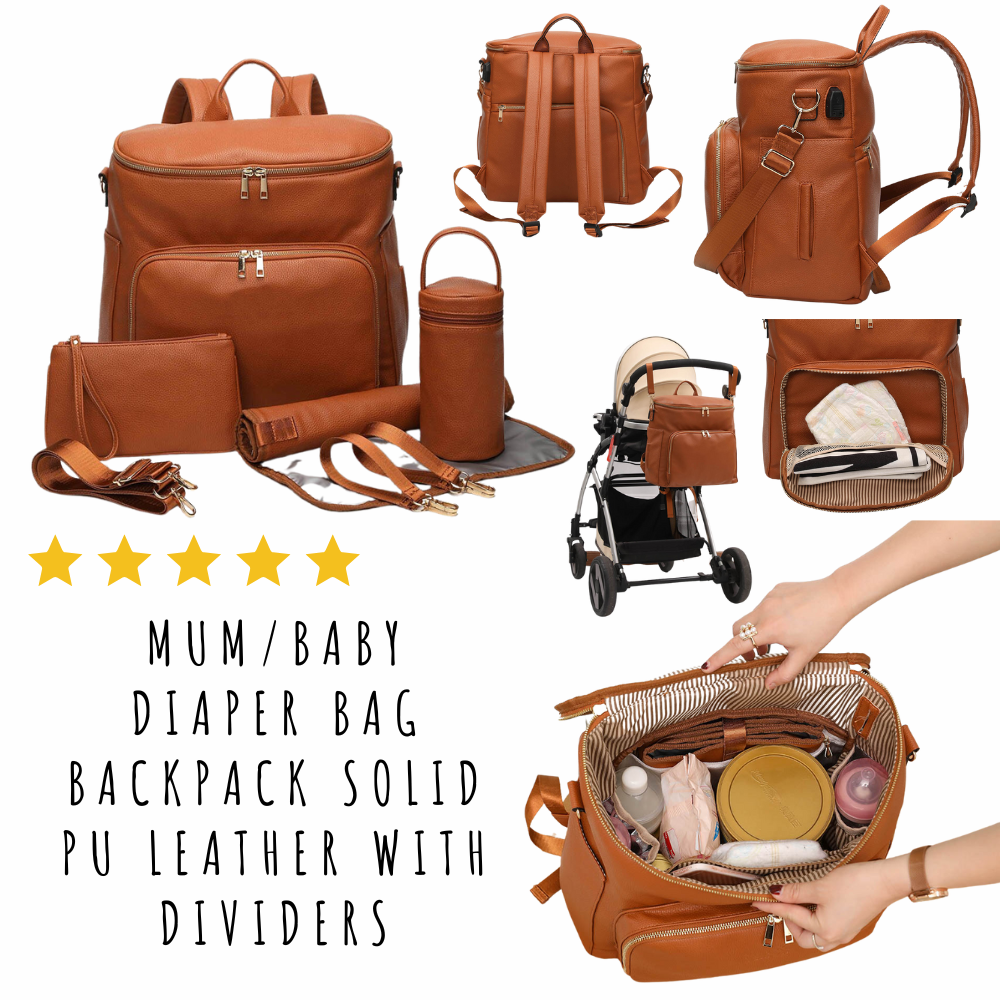 Mum Baby Diaper Bag Backpack Solid PU Leather with dividers The Mum Shop AU