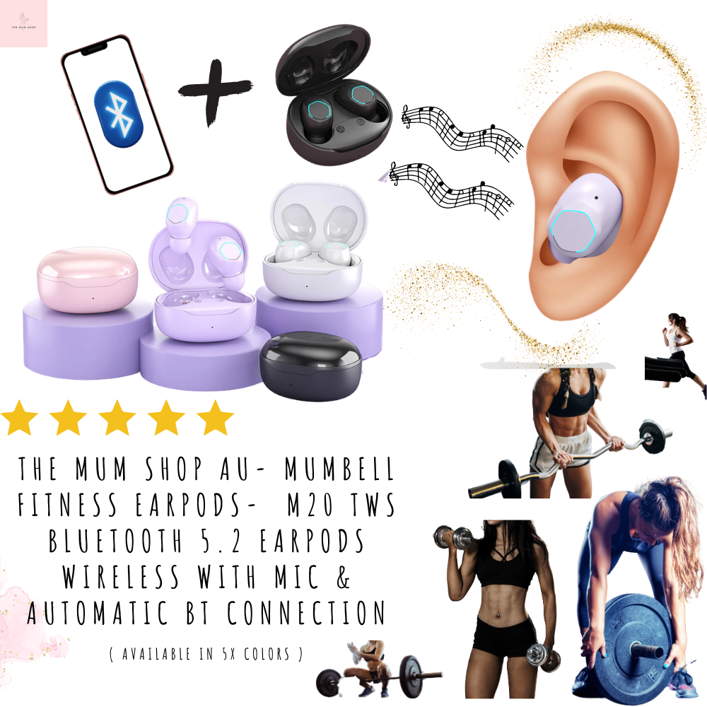 The Mum Shop AU- MumBell Fitness Earpods-  M20 TWS Bluetooth 5.2 Earpods Wireless with Mic & automatic BT connection