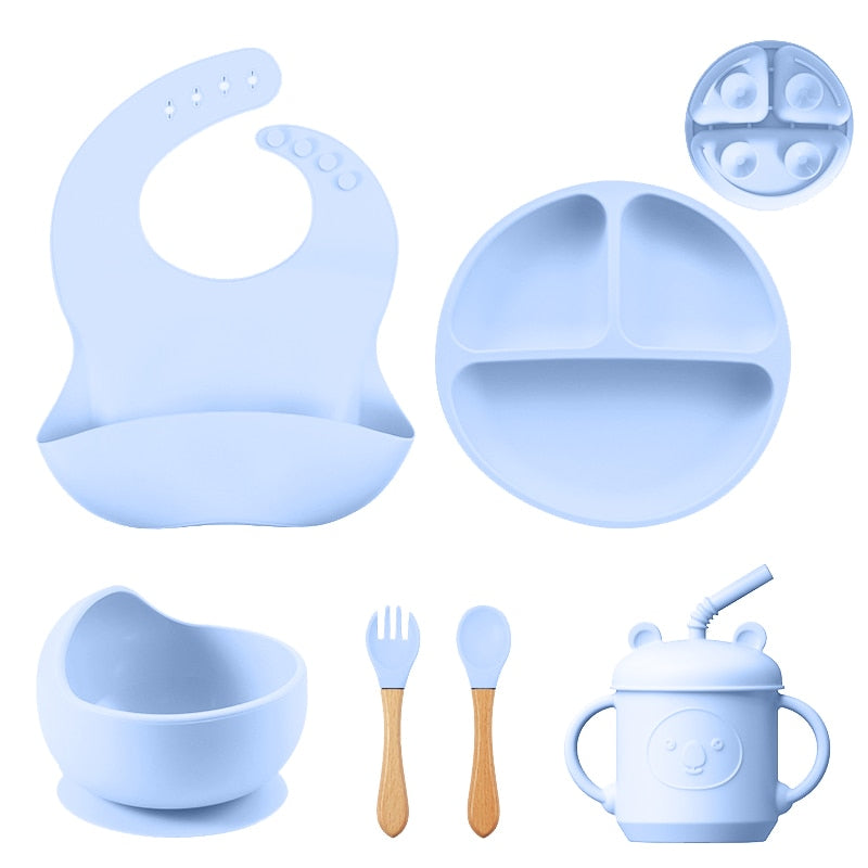 The Mum Shop Au - Baby/Toddler Silicone Sticky Dinner /Feeding Assistant Set (Bib, Bowl, Spoon, Fork, Cup, Straw, Plate) Available in 6 x Colors)