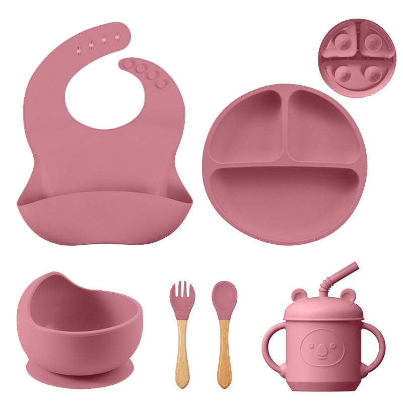 The Mum Shop Au - Baby/Toddler Silicone Sticky Dinner /Feeding Assistant Set (Bib, Bowl, Spoon, Fork, Cup, Straw, Plate) Available in 6 x Colors)