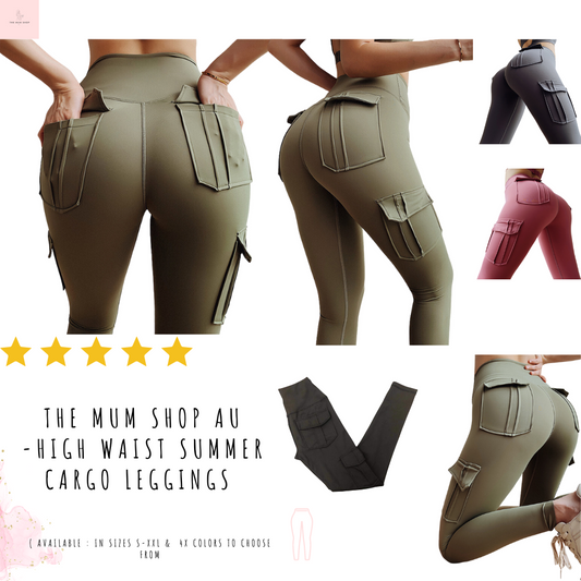 The Mum Shop AU -High waist Summer Cargo Leggings (Available in sizes S-XXL) 4x colors to choose from