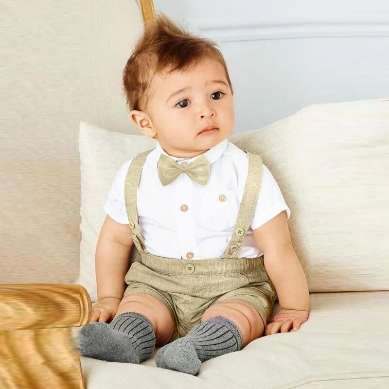 Formal summer Baby Boy Outfit  -Shirt, Short, Bow & Belt