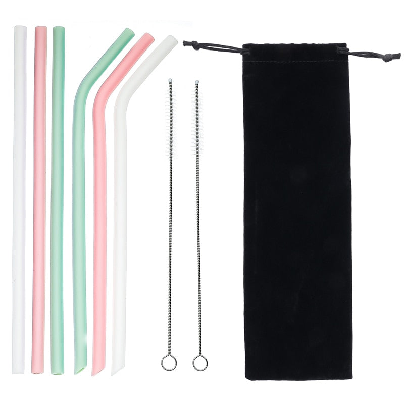 The Mum Shop AU -6pcs Reusable Silicone Drinking Straws  with brush & bag